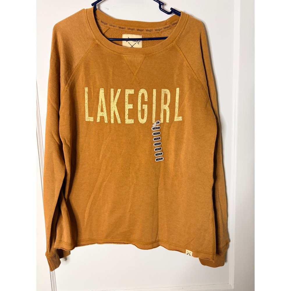 Lake girl Raw Edge Fleece Crew Neck Sweatshirt Brown Mustard Distressed Graphic